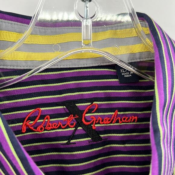 Robert Graham X Men's LS Stripe Button Front Shirt - Purple/Black/Lime - XL - Picture 5 of 7